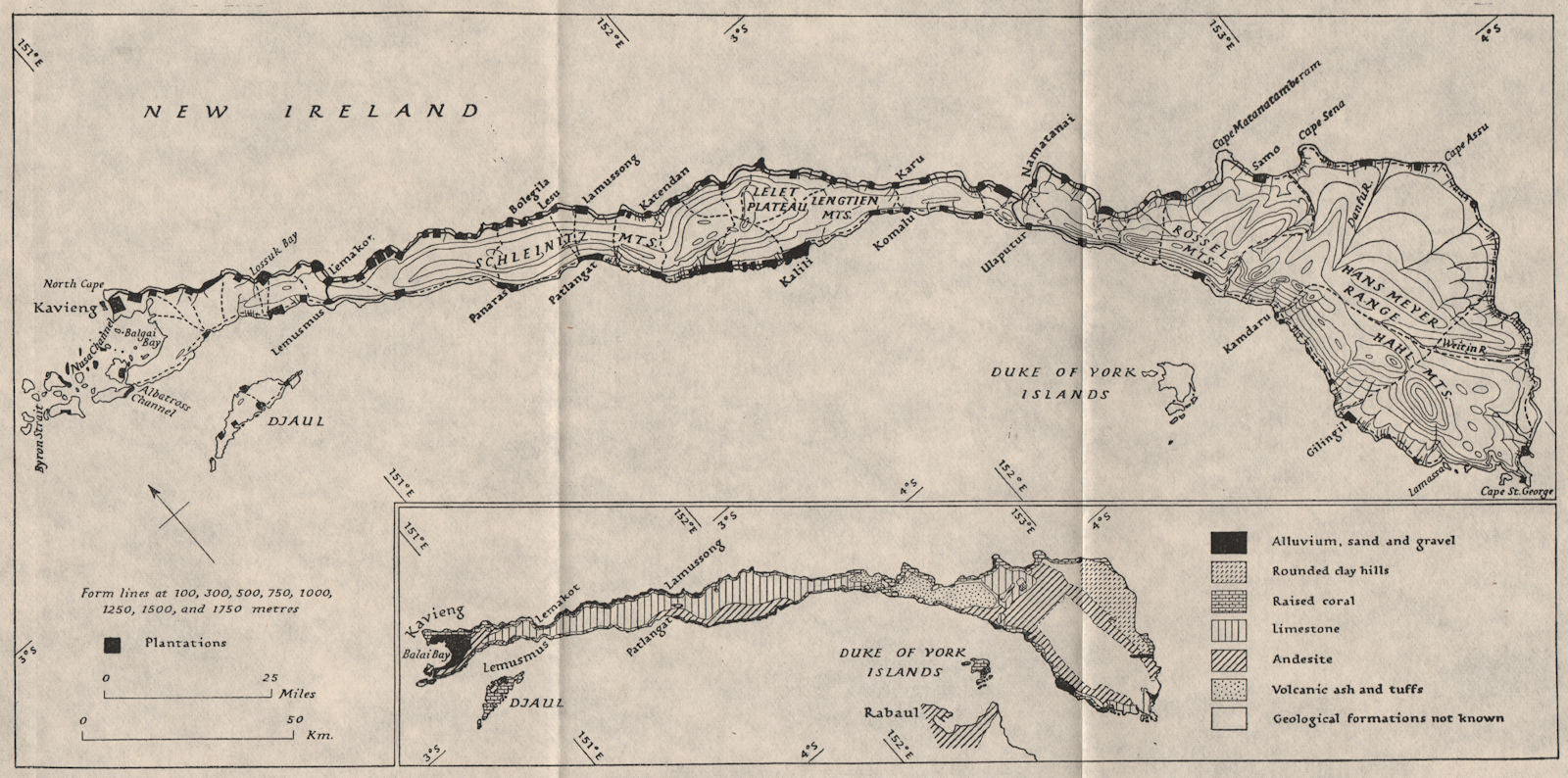 PAPAU NEW GUINEA.New Ireland.Landforms plantations.WW2 RN INTELLIGENCE MAP 1944